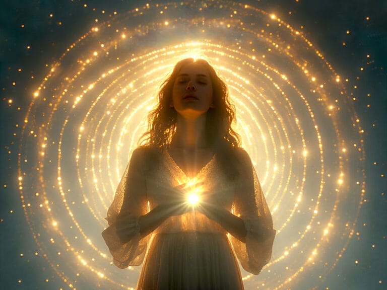 Woman with eyes closed, hands on heart, surrounded by golden concentric light waves representing abundance frequency and embodied energy.