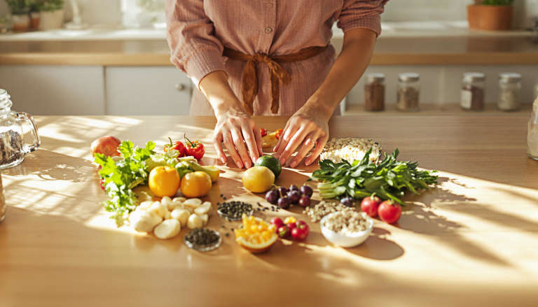 Person at wooden table arranging colorful foods in an alchemical pattern, with sunlight illuminating ingredients.