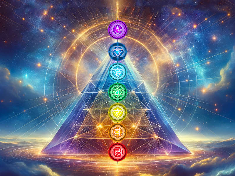 Pyramid with chakra symbols representing spiritual awakening and consciousness evolution, set against a cosmic background with vibrant hues.