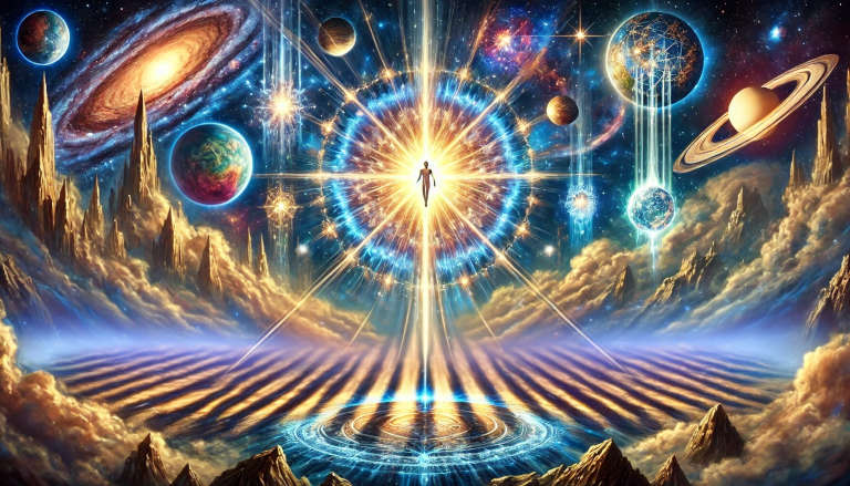 Radiant light bridging Earth and cosmos, symbolizing soul awakening in a majestic, spiritual scene.