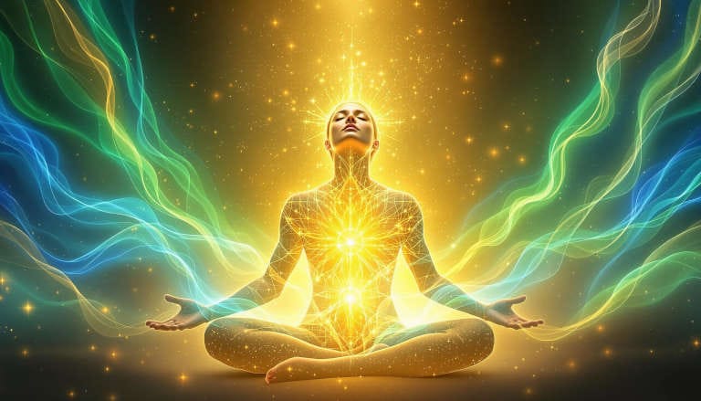 A person meditating with radiant golden energy emanating from their chest, surrounded by colorful flowing light streams.