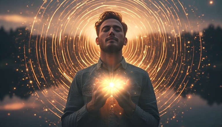 A man with eyes closed, hands on heart, surrounded by golden concentric light waves representing the abundance frequency.