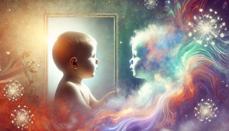 A baby and a mirror with a dreamy, celestial background blending into a child surrounded by radiant light.