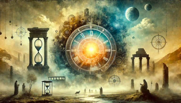 Ancient clock with fading ruins in a misty landscape, symbolizing collective amnesia and lost knowledge.