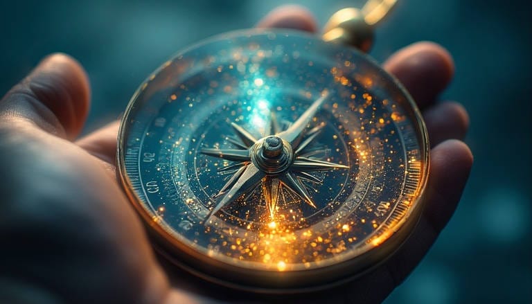 Hand holding a glowing compass with teal and amber particles, symbolizing discernment and intentional choice.