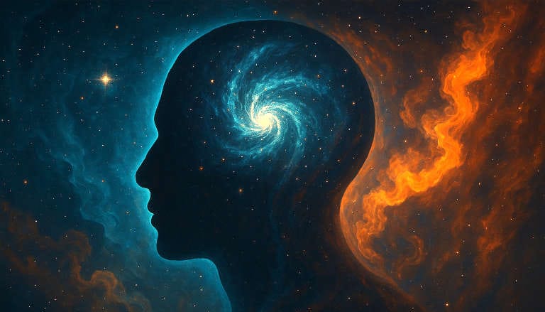 Human profile silhouette containing a spiral galaxy against cosmic background, symbolizing consciousness and universe connection.