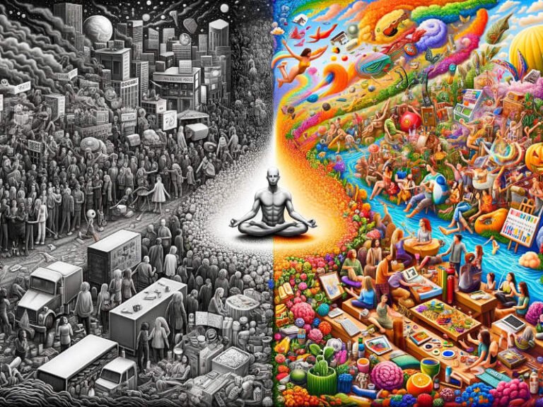 A black and white city scene contrasts with a colorful creative space, divided by a meditating figure.