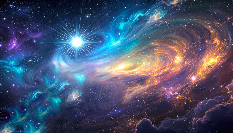 Vibrant cosmic nebula with swirling blue and orange gases around a bright star.