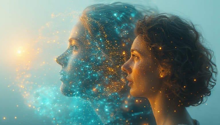 Side profile of a woman with teal and amber light particles forming a luminous double-exposure silhouette.