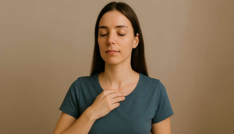 A woman practicing EFT tapping on the collarbone point.