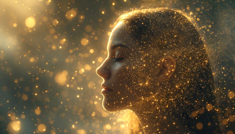 Calm side profile of a woman bathed in golden particles, suggesting an embodied energetic field.