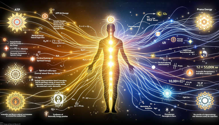 Human silhouette with golden and blue energy flows, connecting scientific concepts and spiritual energy systems.