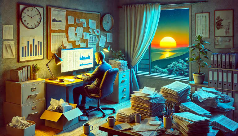 A cluttered office with a worker at a desk and a sunset view outside the window, symbolizing the contrast between busyness and tranquility.