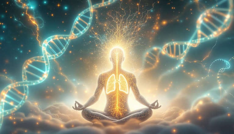 A glowing meditating figure with illuminated lungs, surrounded by DNA strands and energy patterns.