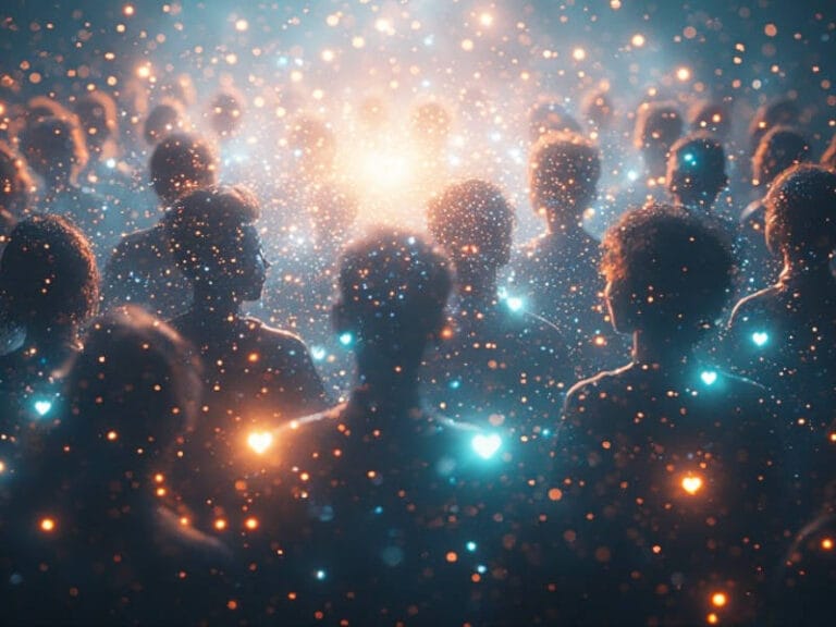 Silhouetted crowd with teal and amber heart lights, symbolizing shared abundance and collective ripple.