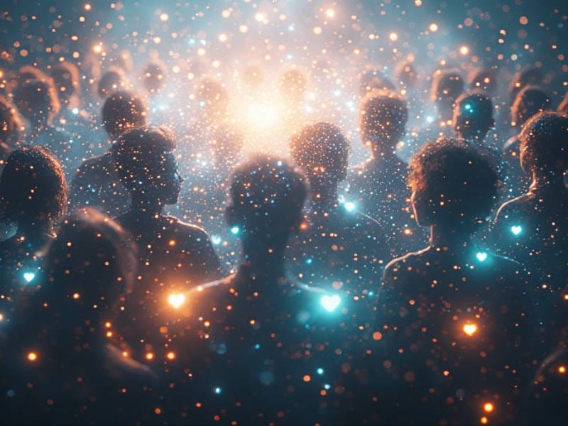 Silhouetted crowd with teal and amber heart lights, symbolizing shared abundance and collective ripple.