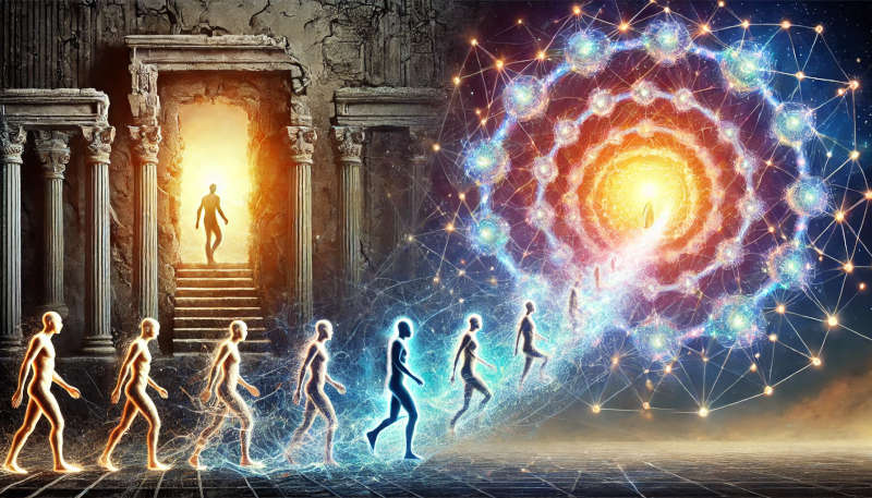 Evolution of human consciousness from crumbling structures to a vibrant web of light and energy.