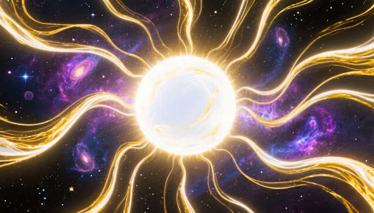 Brilliant white light source radiating golden energy waves through purple cosmic space, symbolizing expanding consciousness.