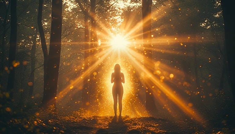 Silhouetted woman standing in forest bathed in golden sunlight rays.