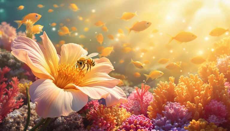 Bee pollinating a flower with coral reef ecosystem in background, illustrating nature's cooperative symbiotic relationships.