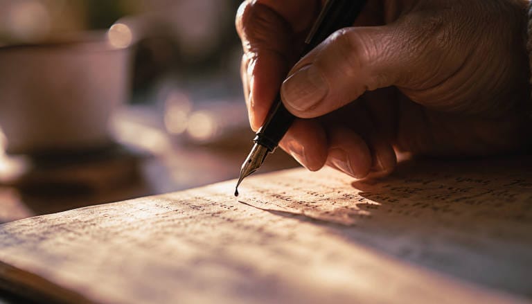 Close-up of a hand writing slowly with a fountain pen in warm golden light.