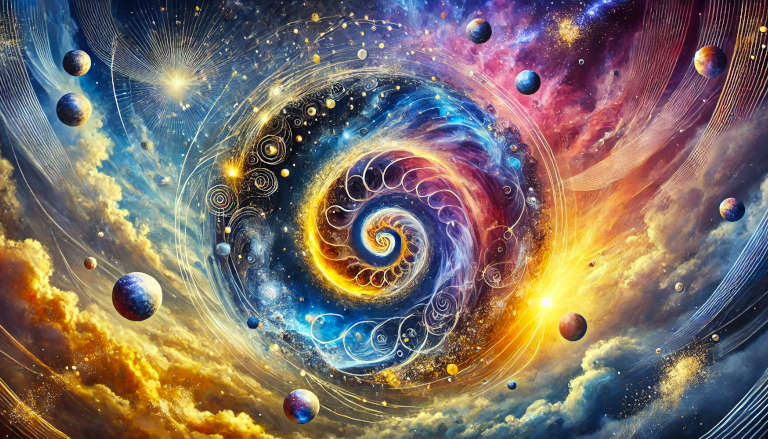 Abstract image symbolizing the Fourth Turning with interconnected spirals, natural and cosmic elements, in deep blues, purples, and golds.