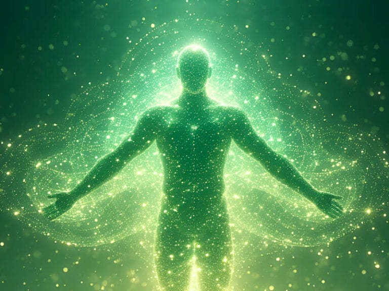 Luminous green silhouette with arms open, radiating energy and light particles, symbolizing abundance frequency.