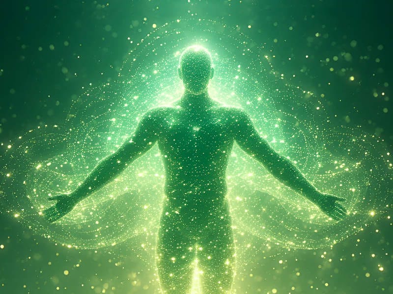 Luminous green silhouette with arms open, radiating energy and light particles, symbolizing abundance frequency.
