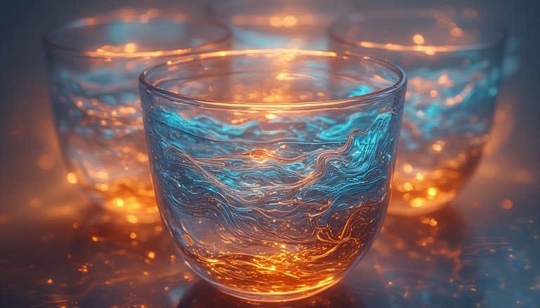 Glass cups glowing with teal and amber light, symbolizing a full cup and sustainable overflow.