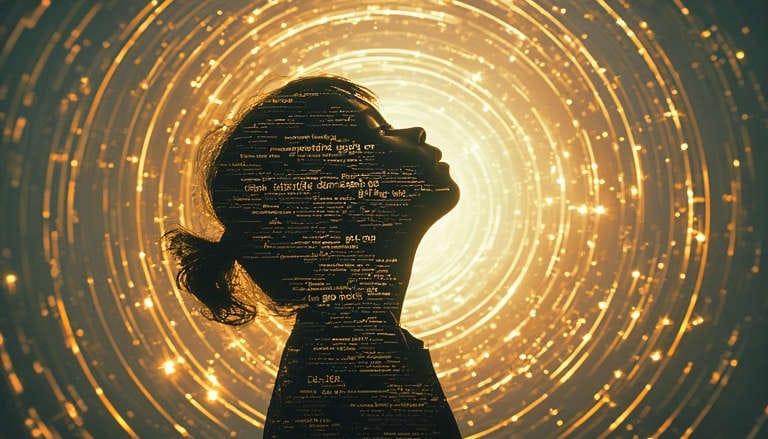 Child silhouette with golden concentric light rings and coded text, symbolizing early subconscious money imprinting.
