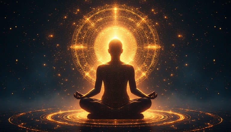 Silhouetted person meditating in lotus pose surrounded by glowing golden light rings.
