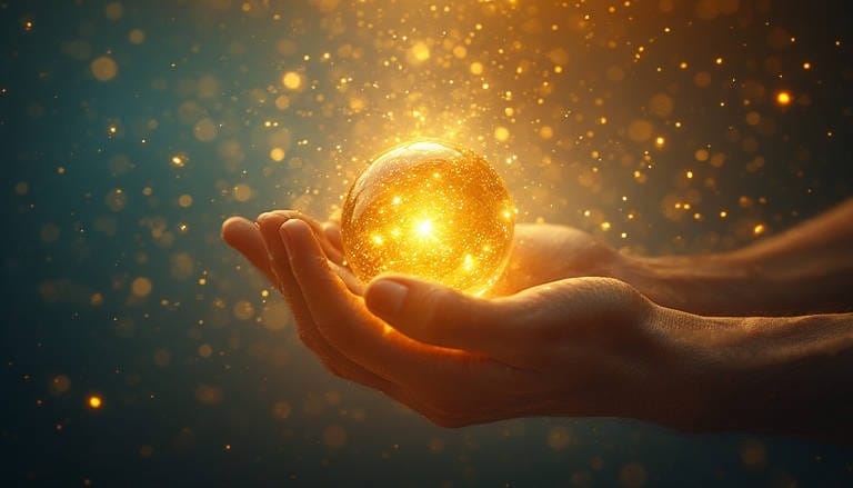 Hands gently holding a glowing golden orb.