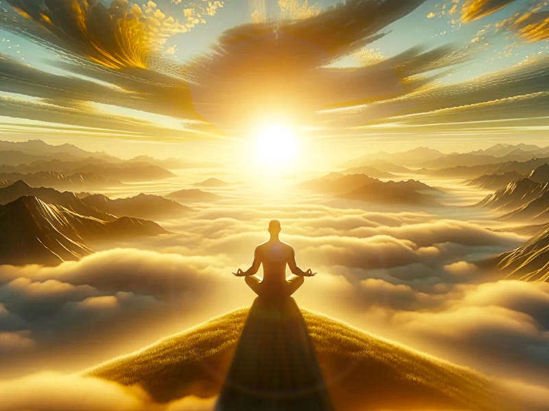 Person meditating on a mountaintop at sunrise with a serene landscape.