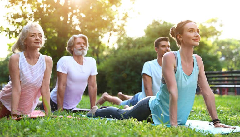 Diverse group practicing yoga outdoors in a serene park setting.