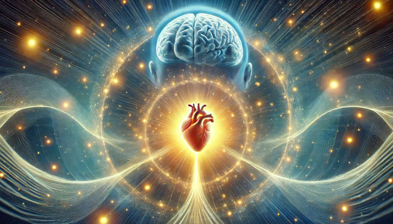 Glowing heart connected to brain and Earth, symbolizing harmony between intellect and heart-centered awareness.