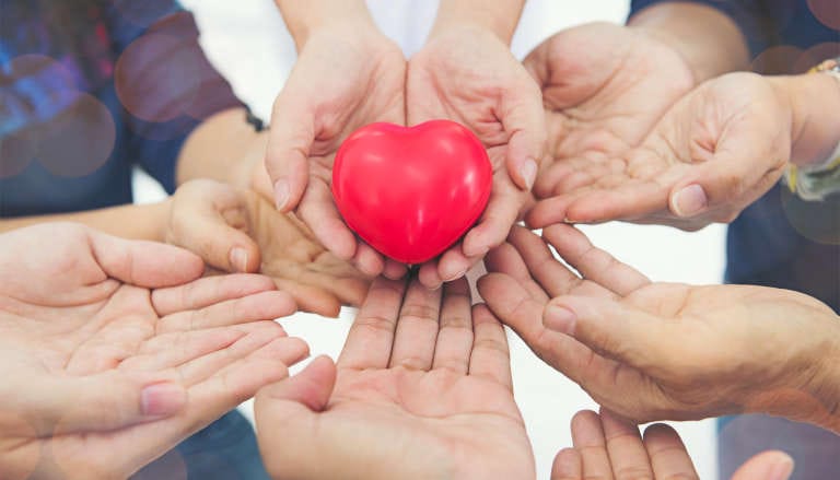 Multiple hands joined together holding a red heart.