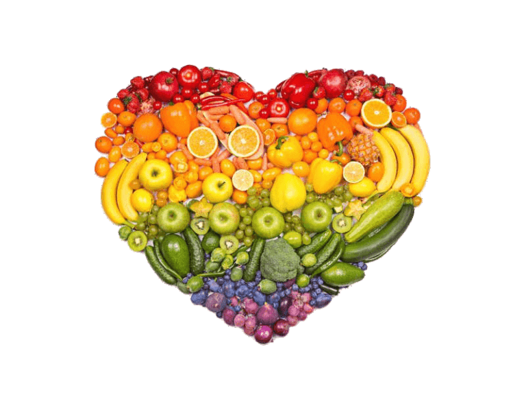 Healthy foods arranged in a heart shape.