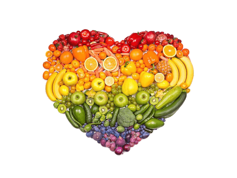 Healthy foods arranged in a heart shape.