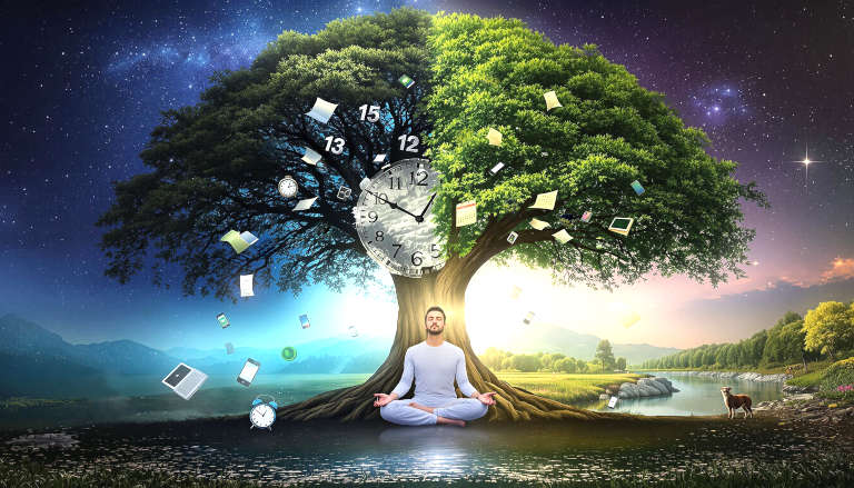 Person meditating beneath a tree, balanced between chaotic modern world with dissolving clock and peaceful natural landscape.