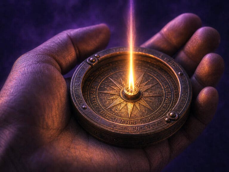 Hand holding a bronze compass with a glowing golden flame against a violet background.