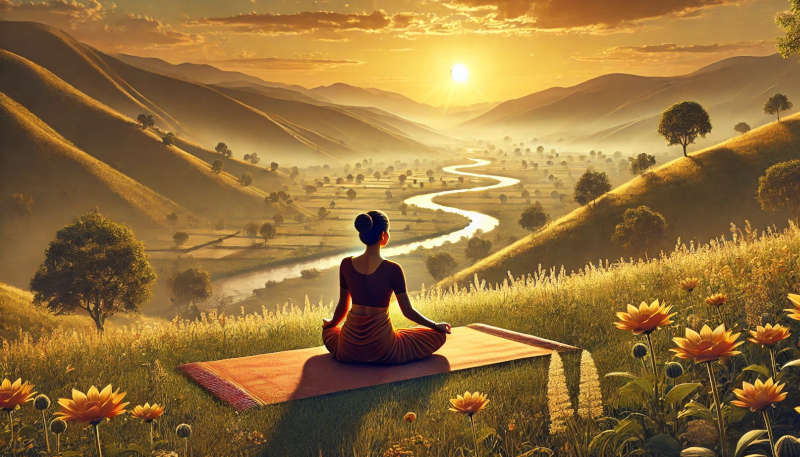 Indian woman meditating in a hilly landscape at sunrise.