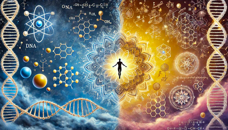 Symbolic convergence of science and spirituality, with DNA strands and mandalas connecting through a human figure.