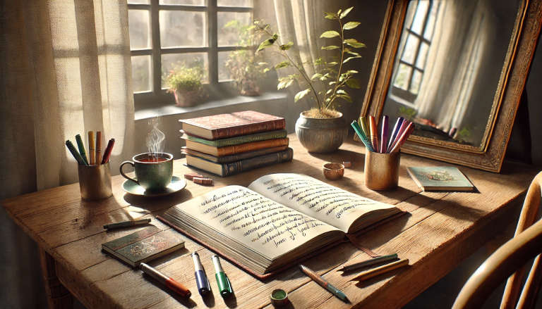 A cozy workspace with an open journal, pens, a cup of tea, and a potted plant, illuminated by soft natural light.