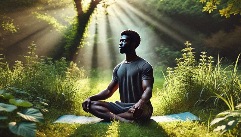 A man practicing breathwork in a serene forest setting with rays of sunlight filtering through the trees.