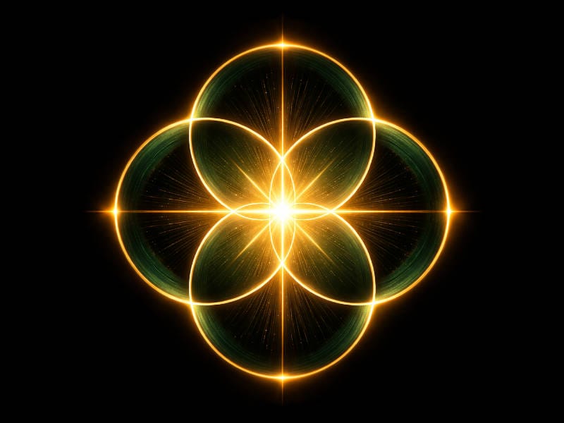 Four intersecting golden circles forming a luminous sacred geometry pattern against a black background.