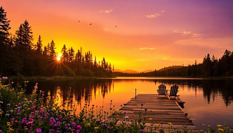 Sunset over a tranquil lake with two empty chairs on a wooden dock, surrounded by trees and flowers.