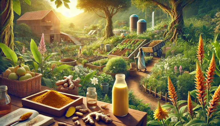 Vibrant permaculture garden with turmeric, ginger, and natural products like golden milk, emphasizing sustainable living.