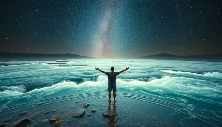 Silhouette of person with outstretched arms standing in shallow water facing dramatic ocean waves under a starry night sky.