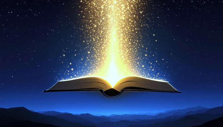 An open book, with a stream of light particles flowing upward against a cosmic starry background.