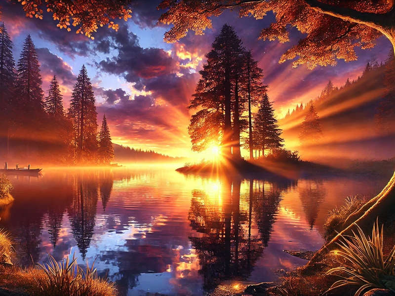 Magnificent sunrise over a calm lake with mist, vibrant sky, and tall trees reflecting on the water.